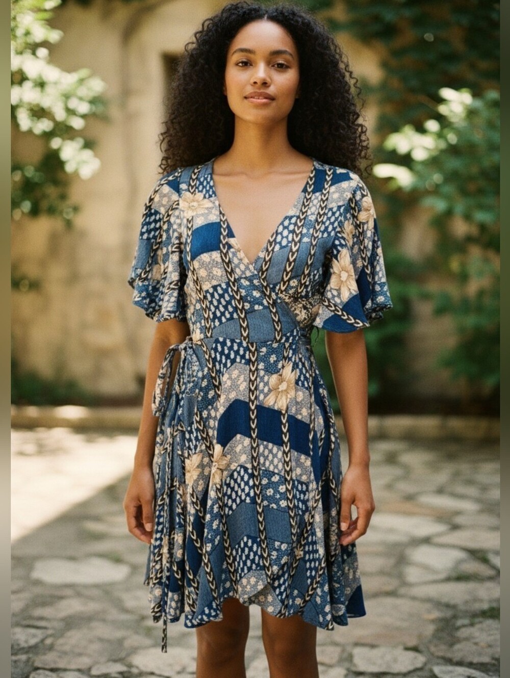 O'Neill Blue Brown and Tan Floral Wrap Mini Dress